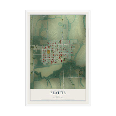 Map of Beattie, Kansas, 12 x 18 inch print in a white wood frame
