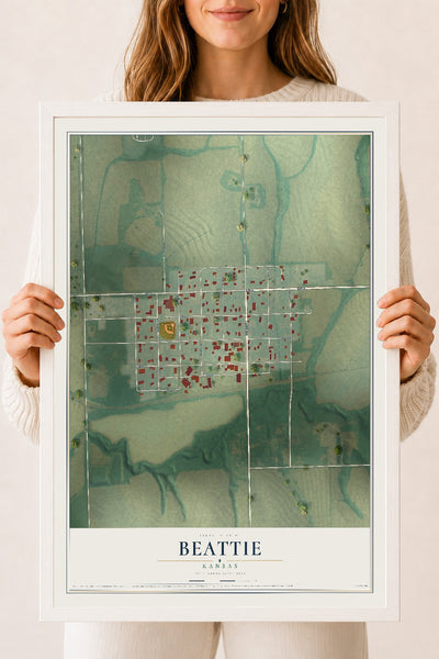 Map of Beattie, Kansas, 18 x 24 inch print in a white wood frame