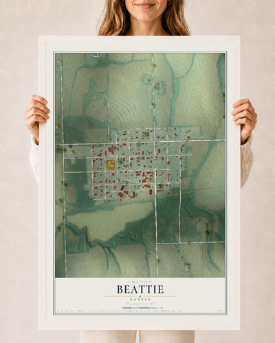 Map of Beattie, Kansas, 24 x 36 inch print in a white wood frame