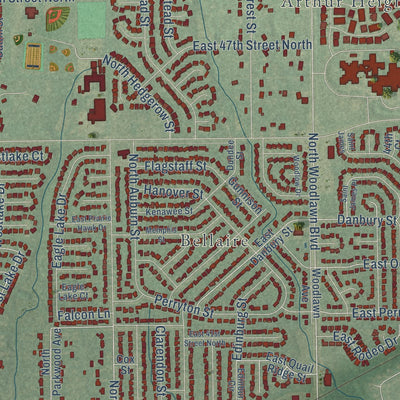 Close-up of the map of Bel Aire, Kansas print showing street and building detail