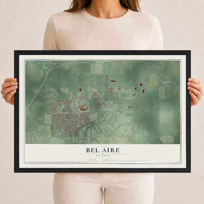 Map of Bel Aire, Kansas, 12 x 18 inch print in a black wood frame