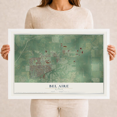 Map of Bel Aire, Kansas, 12 x 18 inch print in a white wood frame