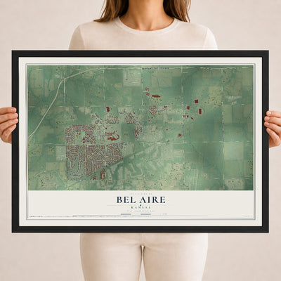 Map of Bel Aire, Kansas, 18 x 24 inch print in a black wood frame