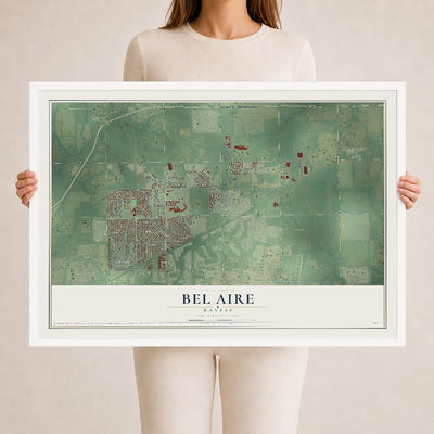 Map of Bel Aire, Kansas, 24 x 36 inch print in a white wood frame