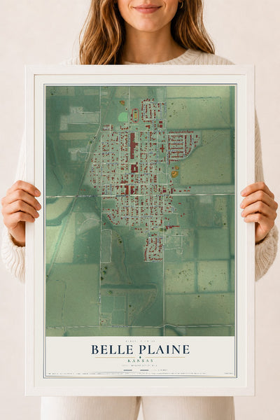 Map of Belle Plaine, Kansas, 18 x 24 inch print in a white wood frame