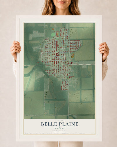Map of Belle Plaine, Kansas, 24 x 36 inch print in a white wood frame