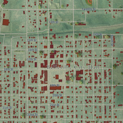 Close-up of the map of Belleville, Kansas print showing street and building detail