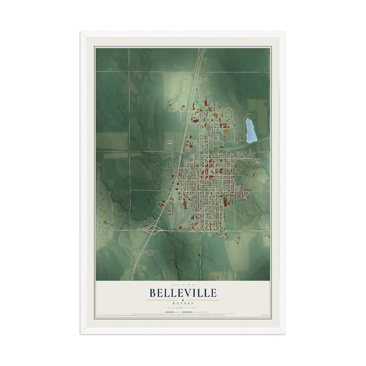Map of Belleville, Kansas, 12 x 18 inch print in a white wood frame