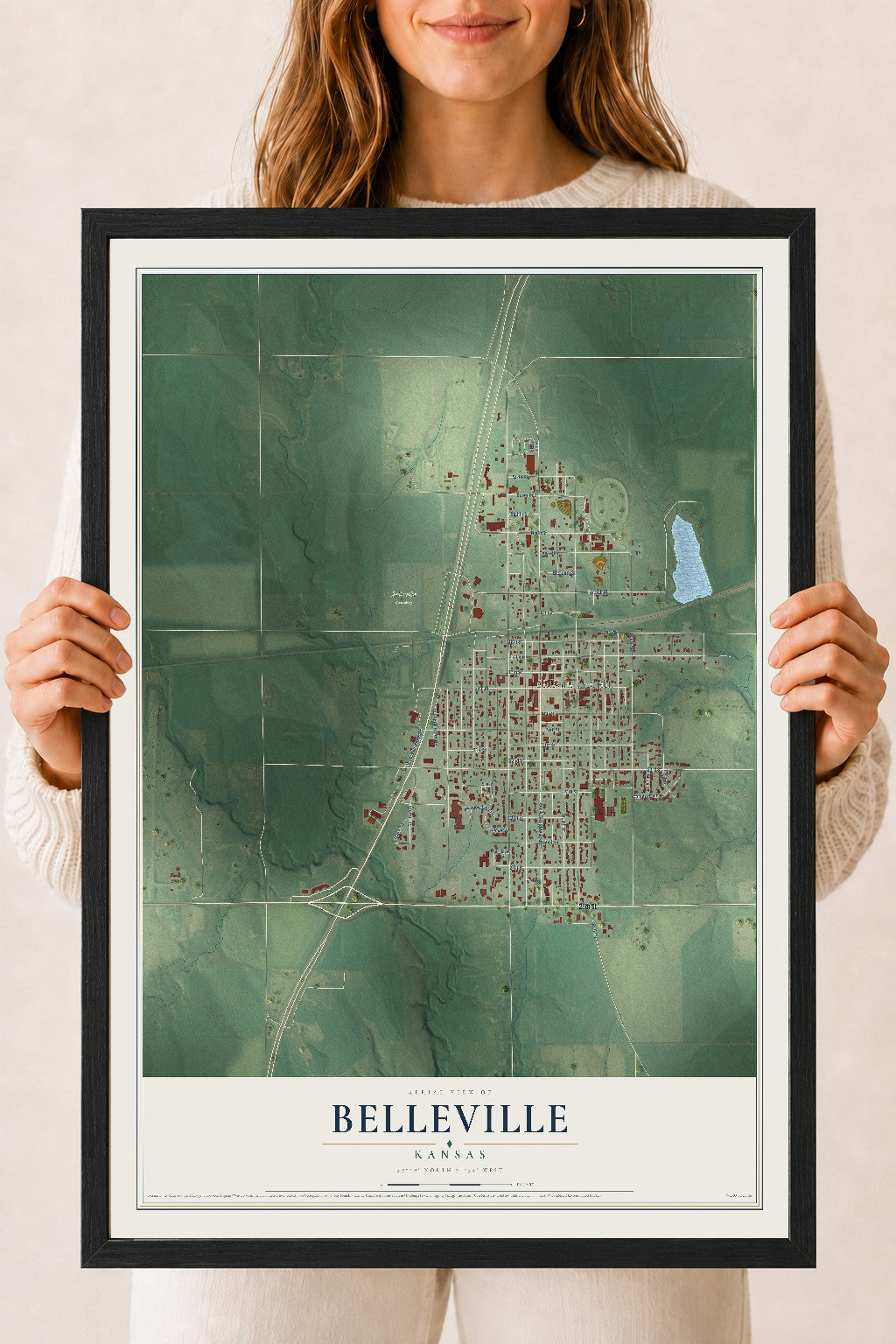 Map of Belleville, Kansas, 18 x 24 inch print in a black wood frame