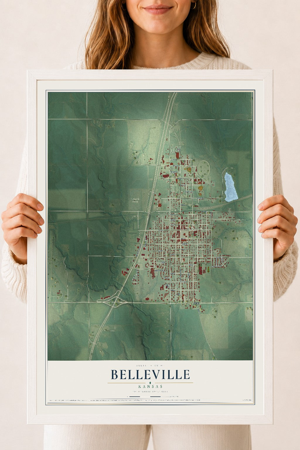Map of Belleville, Kansas, 18 x 24 inch print in a white wood frame