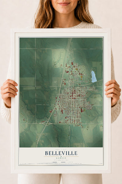 Map of Belleville, Kansas, 18 x 24 inch print in a white wood frame