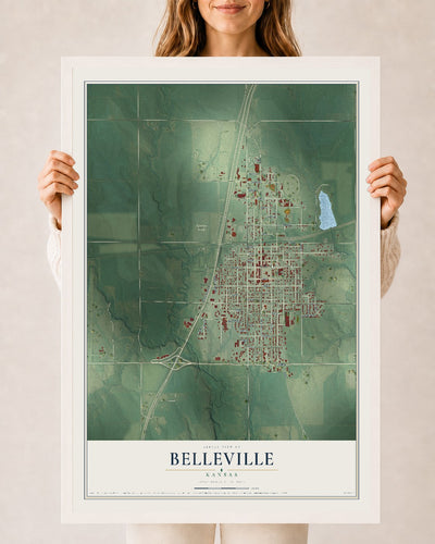 Map of Belleville, Kansas, 24 x 36 inch print in a white wood frame