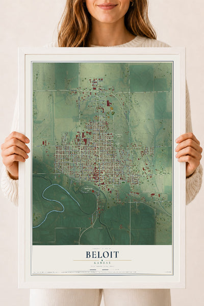 Map of Beloit, Kansas, 18 x 24 inch print in a white wood frame