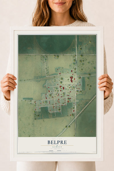 Map of Belpre, Kansas, 18 x 24 inch print in a white wood frame