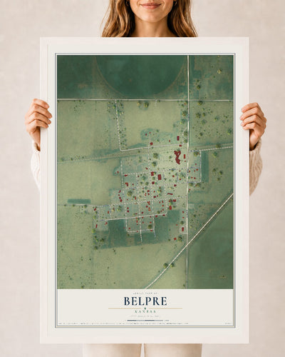 Map of Belpre, Kansas, 24 x 36 inch print in a white wood frame