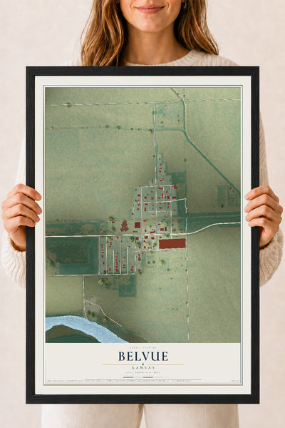 Map of Belvue, Kansas, 18 x 24 inch print in a black wood frame