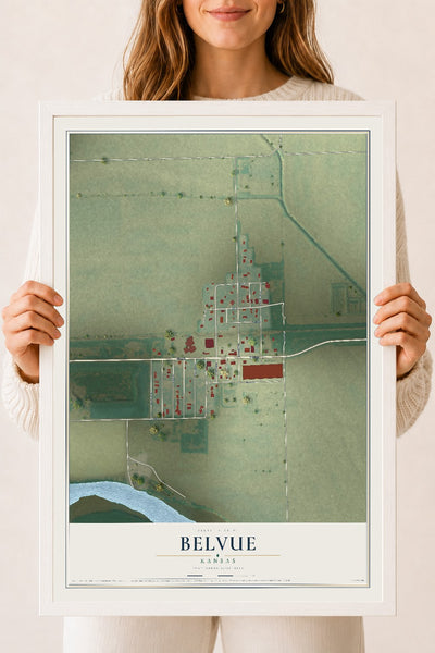 Map of Belvue, Kansas, 18 x 24 inch print in a white wood frame