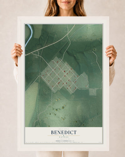 Map of Benedict, Kansas, 24 x 36 inch print in a white wood frame