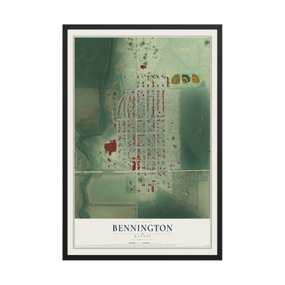 Map of Bennington, Kansas, 12 x 18 inch print in a black wood frame
