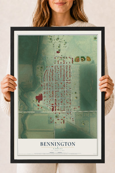 Map of Bennington, Kansas, 18 x 24 inch print in a black wood frame