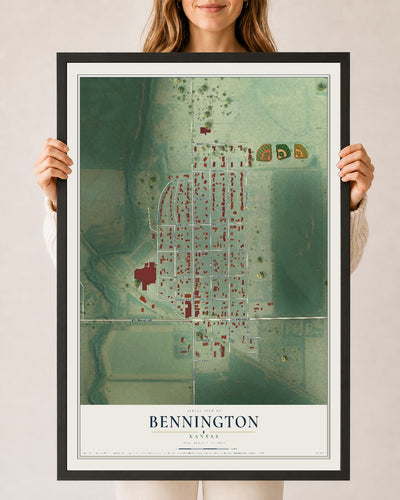 Map of Bennington, Kansas, 24 x 36 inch print in a black wood frame
