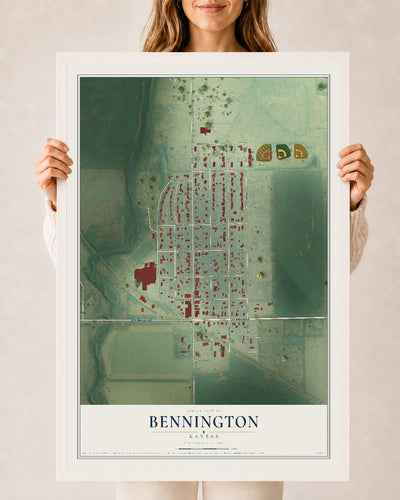 Map of Bennington, Kansas, 24 x 36 inch print in a white wood frame