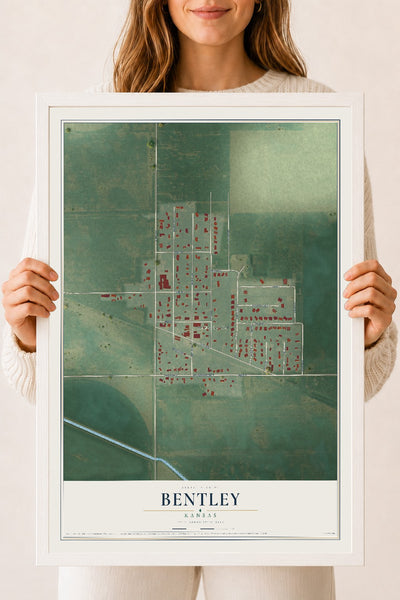 Map of Bentley, Kansas, 18 x 24 inch print in a white wood frame