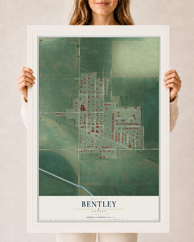 Map of Bentley, Kansas, 24 x 36 inch print in a white wood frame