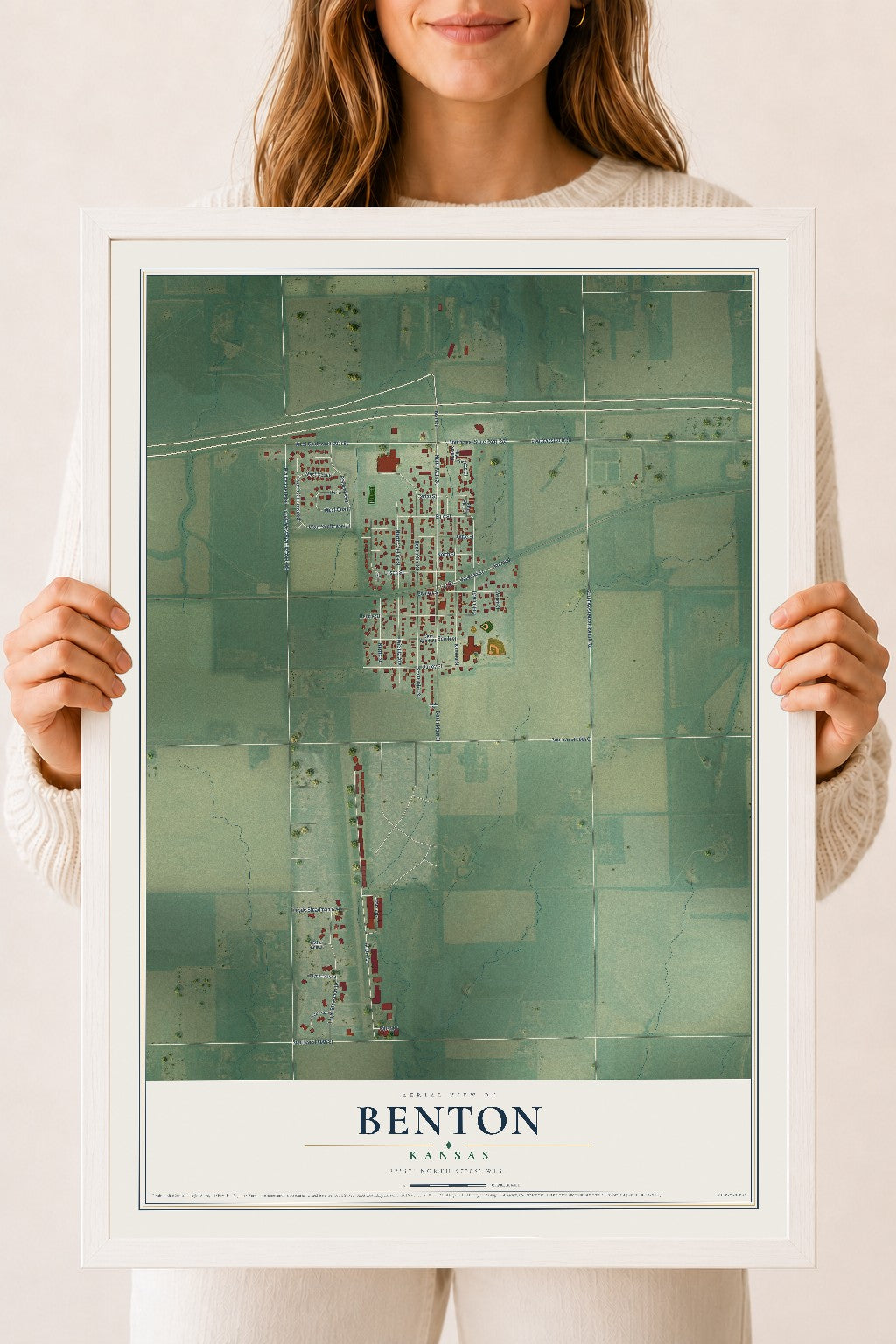 Map of Benton, Kansas, 18 x 24 inch print in a white wood frame