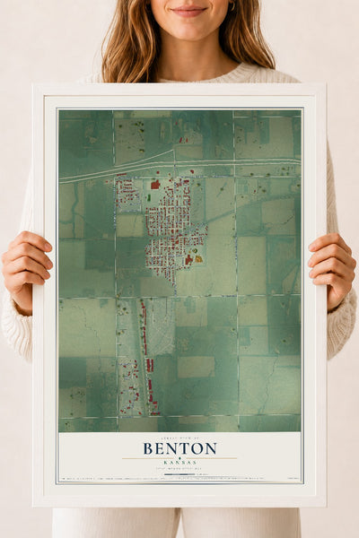 Map of Benton, Kansas, 18 x 24 inch print in a white wood frame