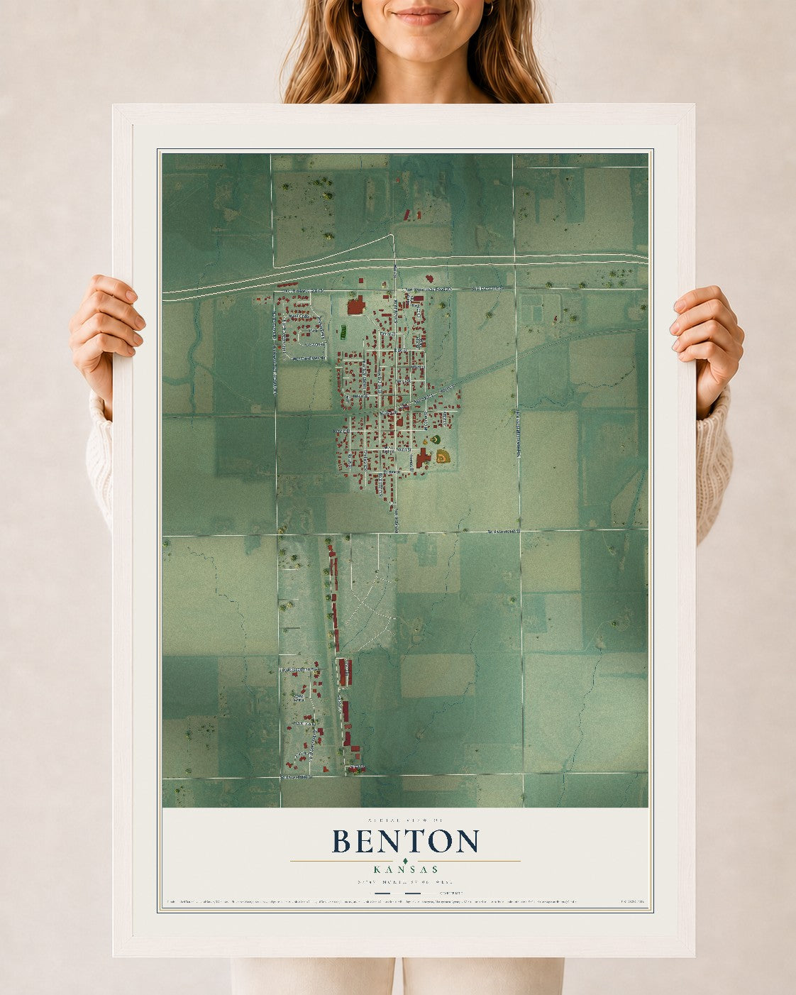 Map of Benton, Kansas, 24 x 36 inch print in a white wood frame
