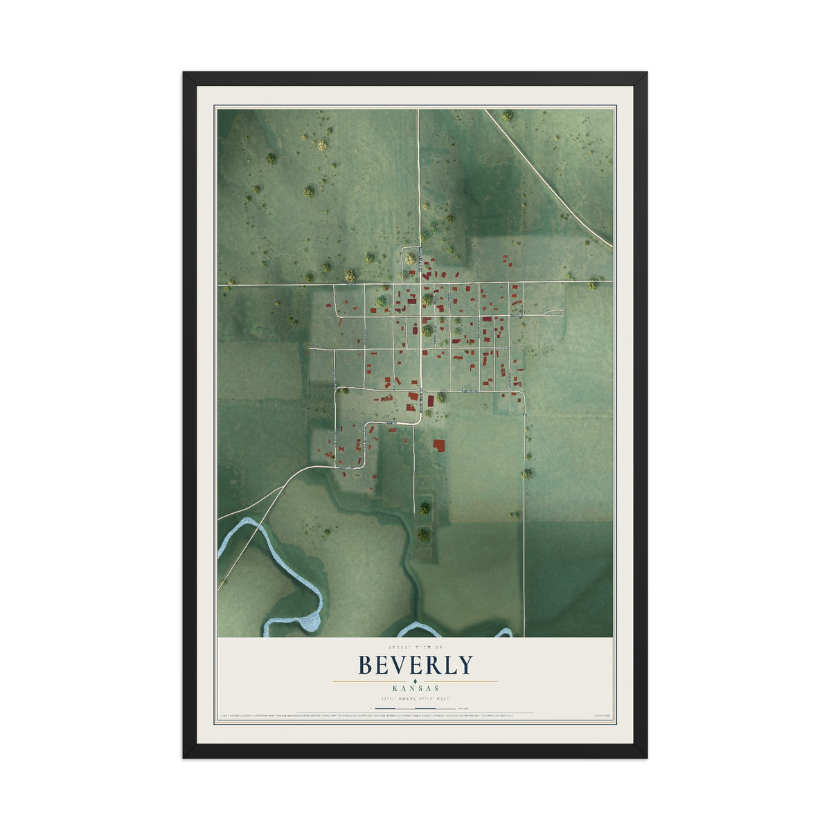 Map of Beverly, Kansas, 12 x 18 inch print in a black wood frame