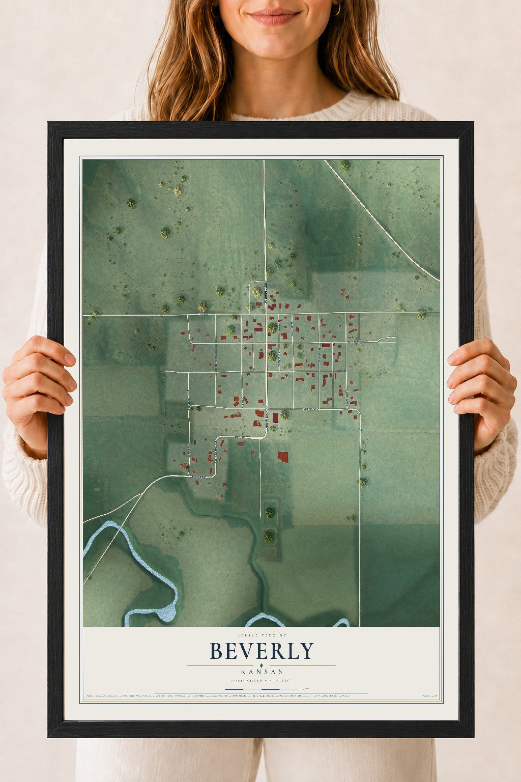 Map of Beverly, Kansas, 18 x 24 inch print in a black wood frame
