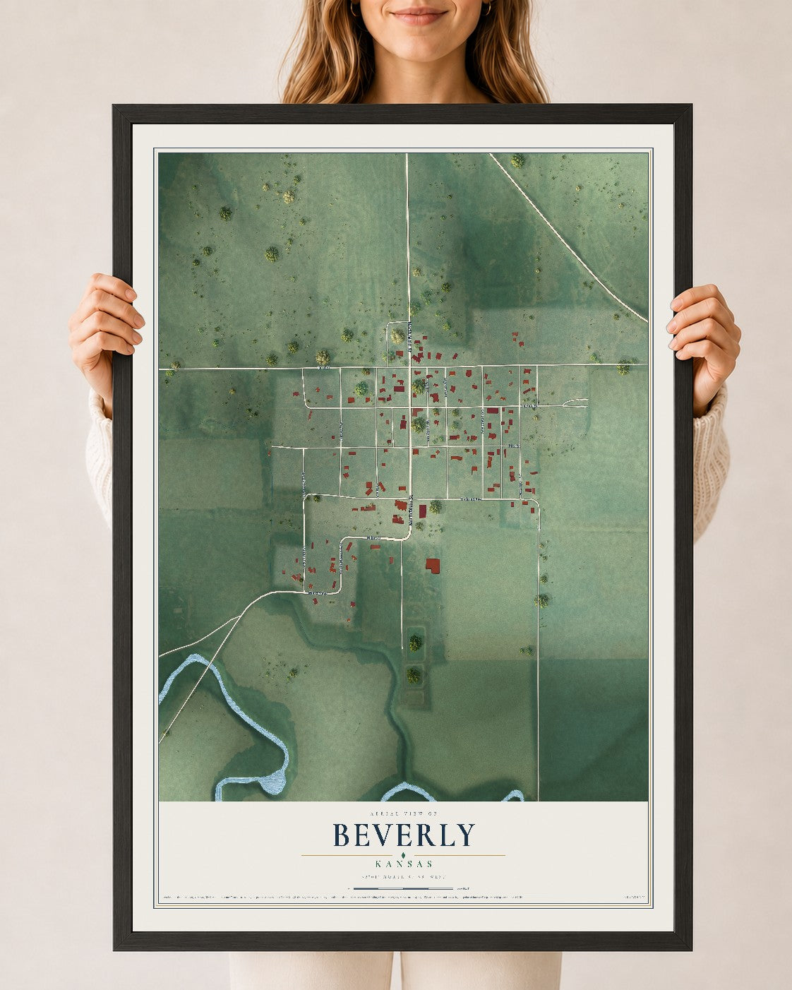 Map of Beverly, Kansas, 24 x 36 inch print in a black wood frame