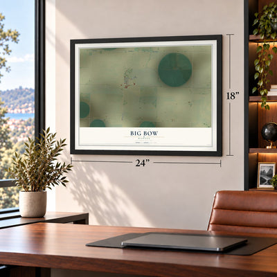Big Bow, Kansas map, 18 x 24 inch print in a black frame in a home office