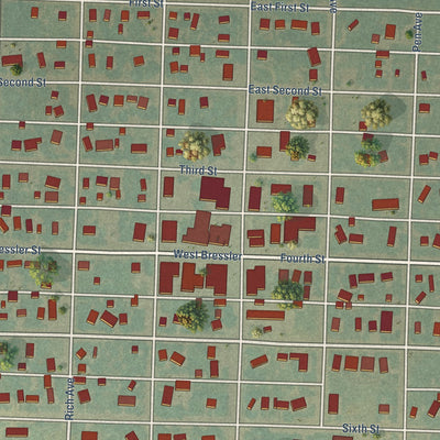 Close-up of the map of Bird City, Kansas print showing street and building detail