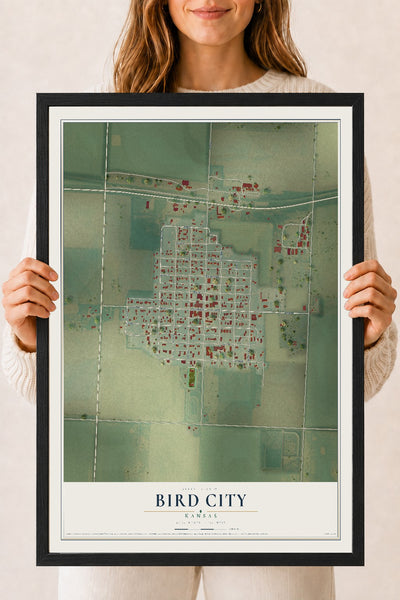 Map of Bird City, Kansas, 18 x 24 inch print in a black wood frame