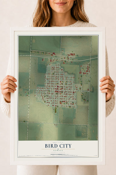 Map of Bird City, Kansas, 18 x 24 inch print in a white wood frame
