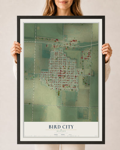 Map of Bird City, Kansas, 24 x 36 inch print in a black wood frame