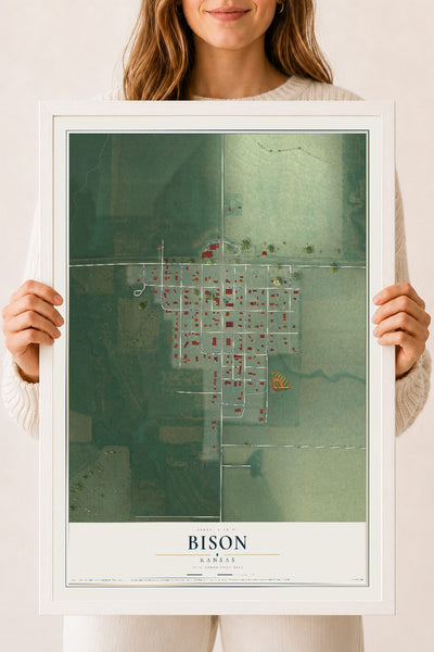 Map of Bison, Kansas, 18 x 24 inch print in a white wood frame