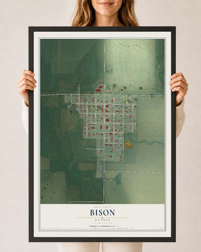 Map of Bison, Kansas, 24 x 36 inch print in a black wood frame