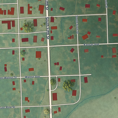 Close-up of the map of Blue Mound, Kansas print showing street and building detail