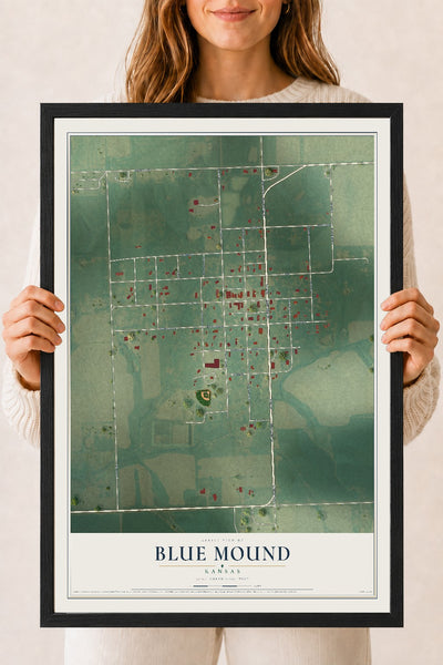 Map of Blue Mound, Kansas, 18 x 24 inch print in a black wood frame