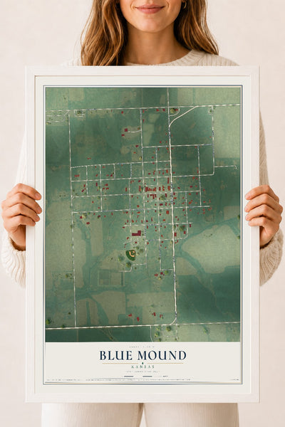 Map of Blue Mound, Kansas, 18 x 24 inch print in a white wood frame