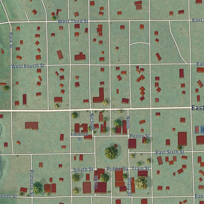 Close-up of the map of Blue Rapids, Kansas print showing street and building detail