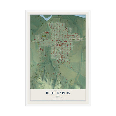 Map of Blue Rapids, Kansas, 12 x 18 inch print in a white wood frame