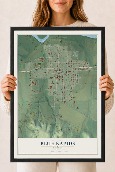 Map of Blue Rapids, Kansas, 18 x 24 inch print in a black wood frame