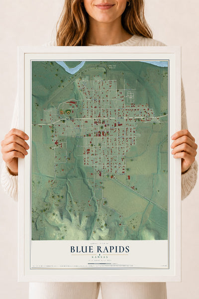 Map of Blue Rapids, Kansas, 18 x 24 inch print in a white wood frame