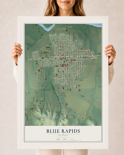 Map of Blue Rapids, Kansas, 24 x 36 inch print in a white wood frame