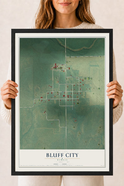 Map of Bluff City, Kansas, 18 x 24 inch print in a black wood frame
